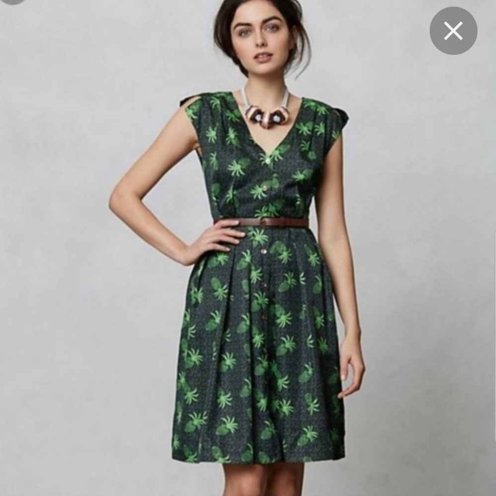 Anthropologie Hi There Karen Walker Tropical Orchard Green Pineapple Dress Sz 6